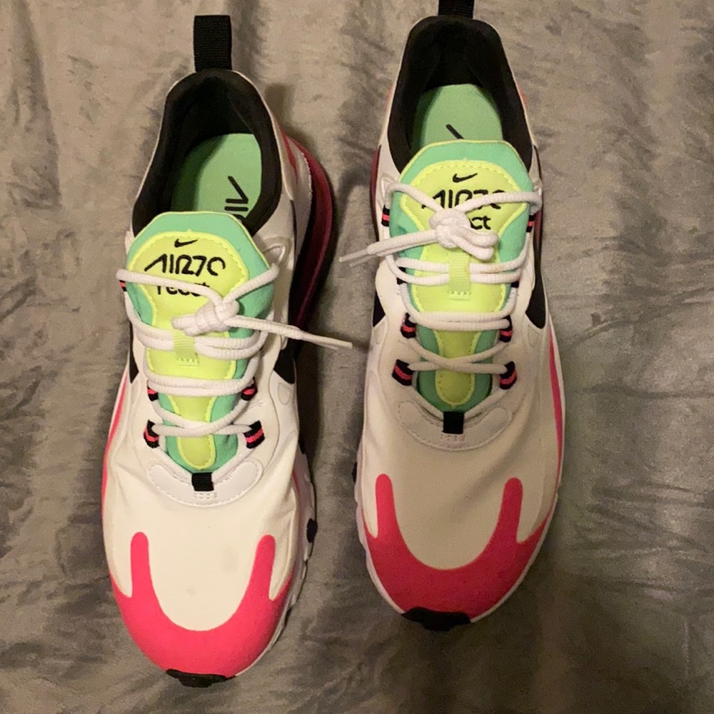 These shoes are pink, green, & white with a little bit of black . Women size 8 .